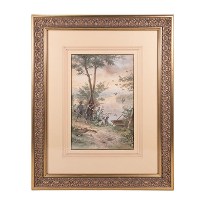 Jesús Martínez Carrión (1860-1906) - "Hombres Cazando Patos (Xochimilico)" Watercolor Gouache Painting, c.1899