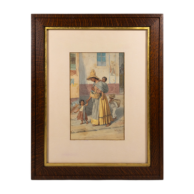 Jesús Martínez Carrión (1860-1906) - "Mujer con Tres Niños", Watercolor Painting, c.1890