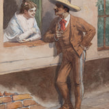 Jesús Martínez Carrión (1860-1906) - "Charro con Dama", Watercolor Painting, c.1900