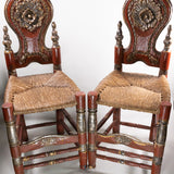 Antique Pair of Spanish Carved and Painted Slipper Chairs with Rush Seats