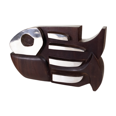 Alfredo Zalce - MCM Silver Accented Wood Carved Fish Sculpture