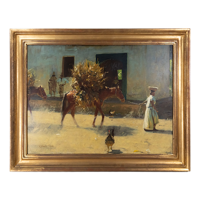 Gilbert Gaul (1855-1919) - Woman and Horse Hauling Hay Oil Painting