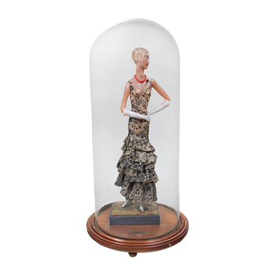 Luis Hidalgo (1901-1986) - "Dama con Collar Rojo" Mexican Wax Figure with Glass Dome, Dated 1930