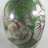c. 1940 Large Tonala Green Birds of Paradise and Floral Pottery Floor Vase