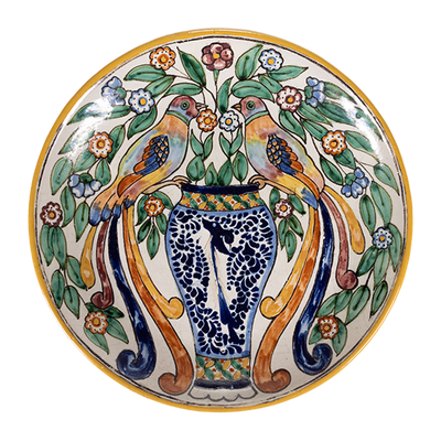 Casa Guevara - C.1930s Mexican Talavera Plate with Pair of Resplendent Quetzal Birds