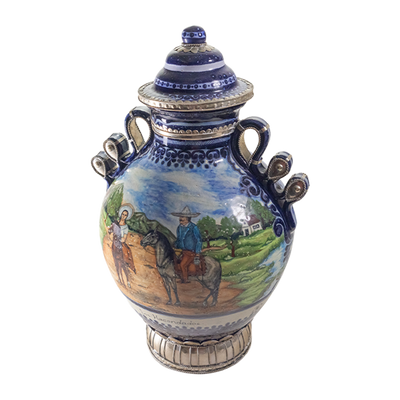 Jesús Guerrero Santos - "Los Hacendados" Tonala, Jalisco Mexican Ceramic Urn with Lid, Dated 1995