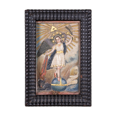 Jose Antonio Guativa - Signed Antique Colombian St Michael Carved & Painted Alabaster Retablo, Dated 1834