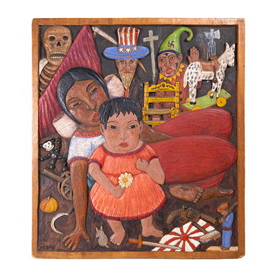 Roberto de la Selva (1895-1957) - "El Niño y Sus Juegetes", Rare 1930s Wood Carved Bas Relief