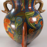 C.1930s Large Tonala Pre-Columbian Revival Tripod Pottery Floor Vase with Serpent Handles