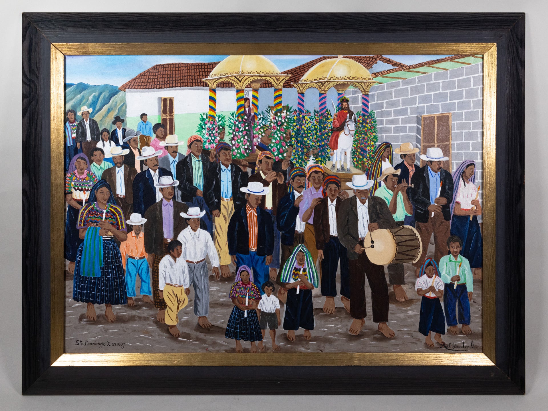 Oil painting of a large gathering of people in the town of Santo Domingo Xenacoj during a ceremony.