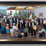 Oil painting of a large gathering of people in the town of Santo Domingo Xenacoj during a ceremony.