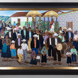Oil painting of a large gathering of people in the town of Santo Domingo Xenacoj during a ceremony.