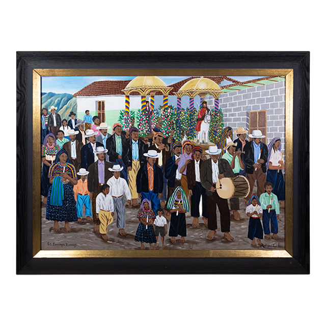 Oil painting of a large gathering of people in the town of Santo Domingo Xenacoj during a ceremony.