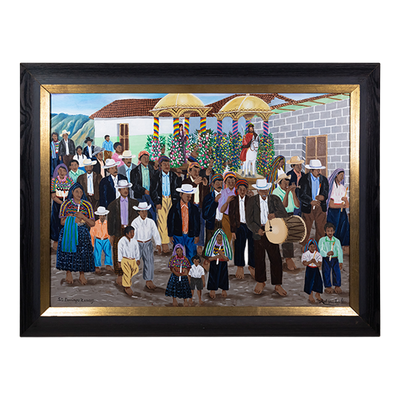 Oil painting of a large gathering of people in the town of Santo Domingo Xenacoj during a ceremony.
