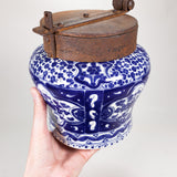 20th Century Mexican Blue & White Talavera Chocolatero with Iron Lid