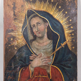 Retablo painting of the Virgin Mary, grieving as tears fall from her eyes, hands clasp with a dagger piercing her heart.
