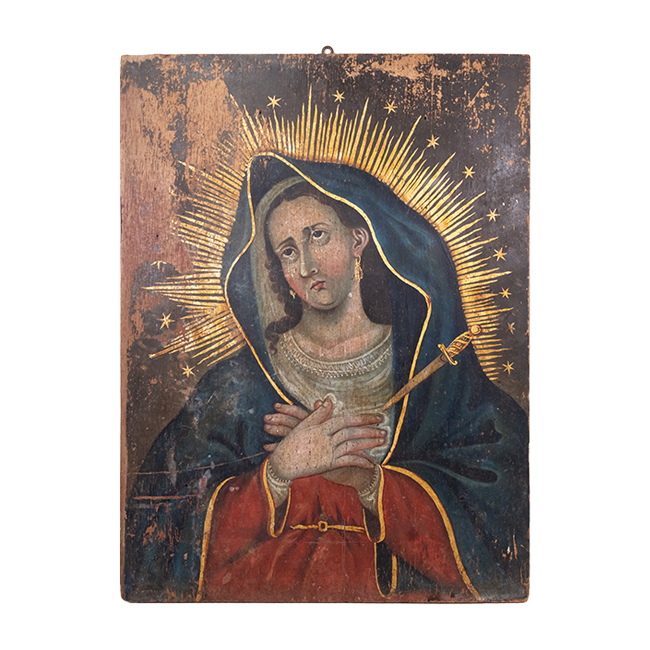 Retablo painting of the Virgin Mary, grieving as tears fall from her eyes, hands clasp with a dagger piercing her heart.