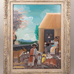Oil painting of the traditional life of an indigenous family with their animals in rural Guerrero, Mexico.