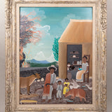 Oil painting of the traditional life of an indigenous family with their animals in rural Guerrero, Mexico.