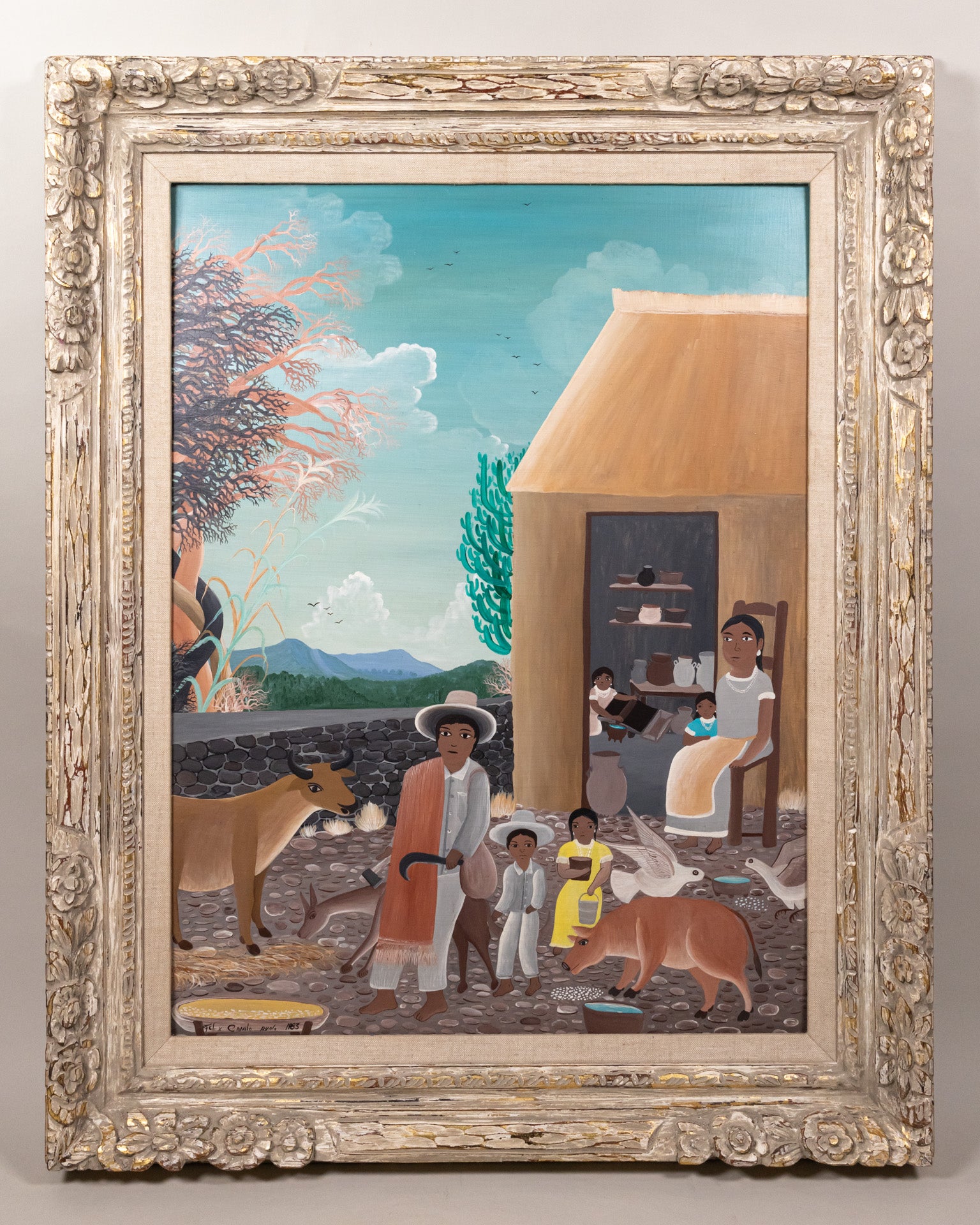 Oil painting of the traditional life of an indigenous family with their animals in rural Guerrero, Mexico.
