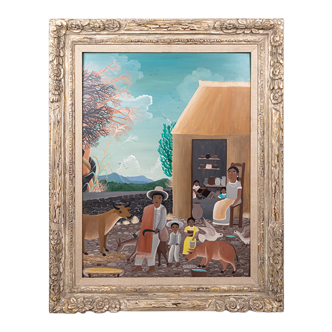 Oil painting of the traditional life of an indigenous family with their animals in rural Guerrero, Mexico.
