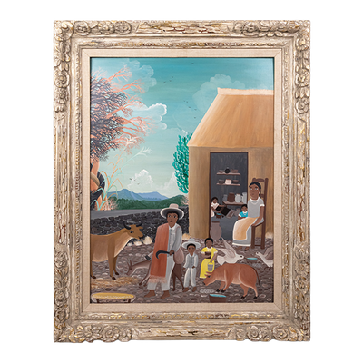 Oil painting of the traditional life of an indigenous family with their animals in rural Guerrero, Mexico.