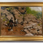 Oil painting of cowboys riding on horses through a rocky landscape.