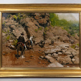 Oil painting of cowboys riding on horses through a rocky landscape.
