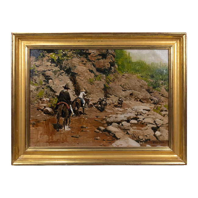 Oil painting of cowboys riding on horses through a rocky landscape.