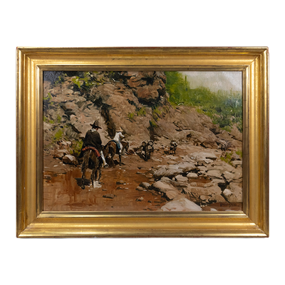 Oil painting of cowboys riding on horses through a rocky landscape.