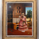 Oil painting of a little in a pink dress, holding two white calla lilies, inside a kitchen with pottery hanging, tiles on the wall and a shelf filled with more pottery, and a hen and chick on the red tiled floor.