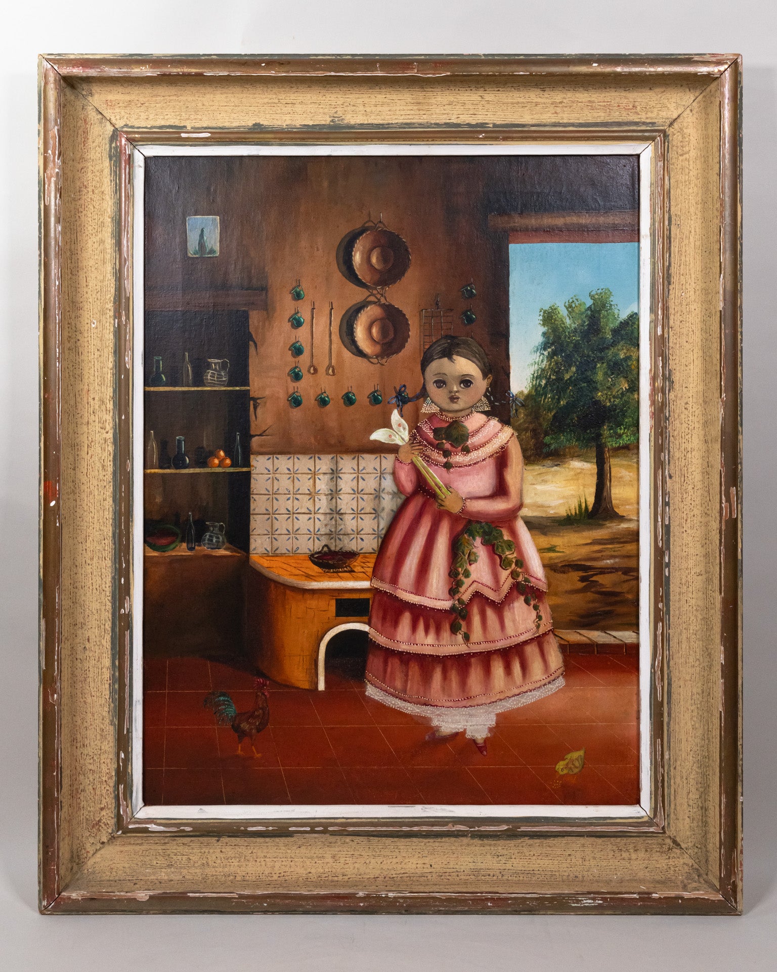 Oil painting of a little in a pink dress, holding two white calla lilies, inside a kitchen with pottery hanging, tiles on the wall and a shelf filled with more pottery, and a hen and chick on the red tiled floor.