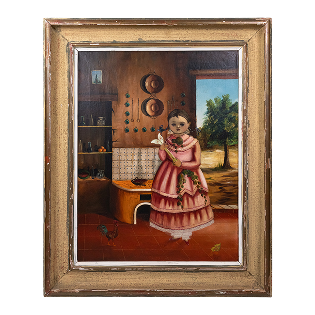 Oil painting of a little in a pink dress, holding two white calla lilies, inside a kitchen with pottery hanging, tiles on the wall and a shelf filled with more pottery, and a hen and chick on the red tiled floor.
