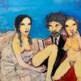 Leonel Gongora (1932–1999) - 1971 Self Portrait with Two Ladies, Mixed Media Painting, Dated 1971