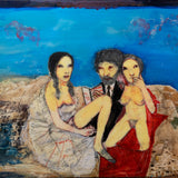 Leonel Gongora (1932–1999) - 1971 Self Portrait with Two Ladies, Mixed Media Painting, Dated 1971