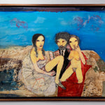 Painting of a man sitting in between two women, both undressing, while he reads a book.