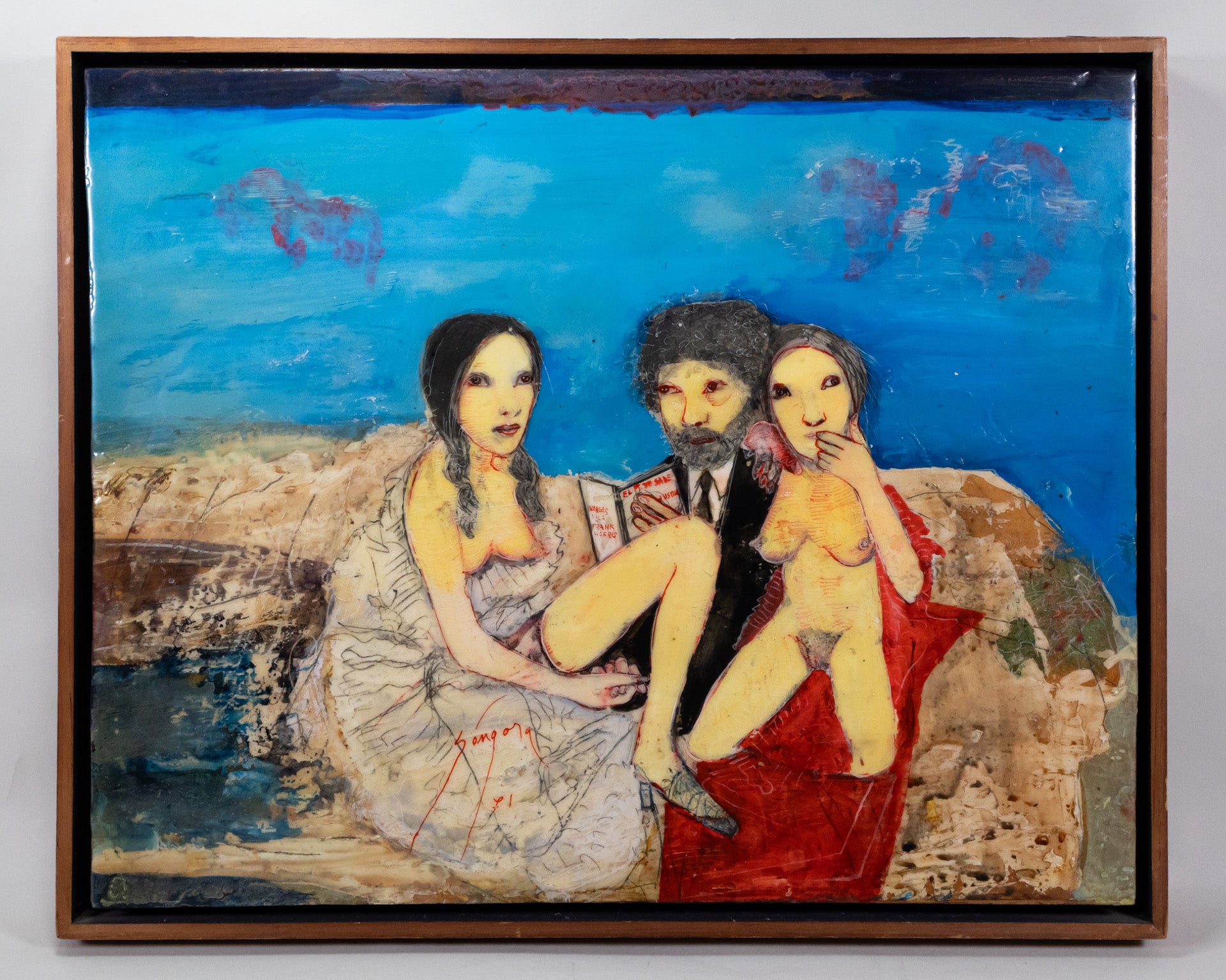 Painting of a man sitting in between two women, both undressing, while he reads a book.