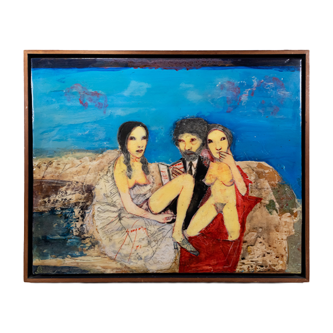 Painting of a man sitting in between two women, both undressing, while he reads a book.