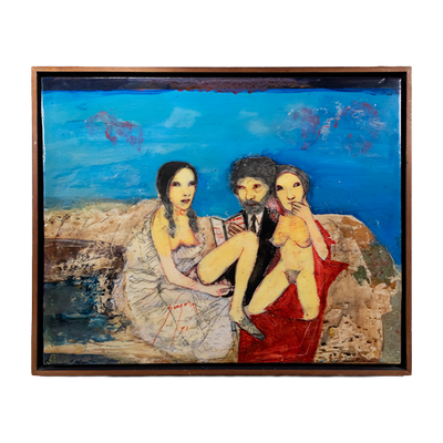 Painting of a man sitting in between two women, both undressing, while he reads a book.