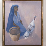 Oil painting of a woman wearing a long blue head covering and blue dress, kneeling with an empty basket, next to a turkey facing backwards.