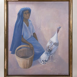 Oil painting of a woman wearing a long blue head covering and blue dress, kneeling with an empty basket, next to a turkey facing backwards.