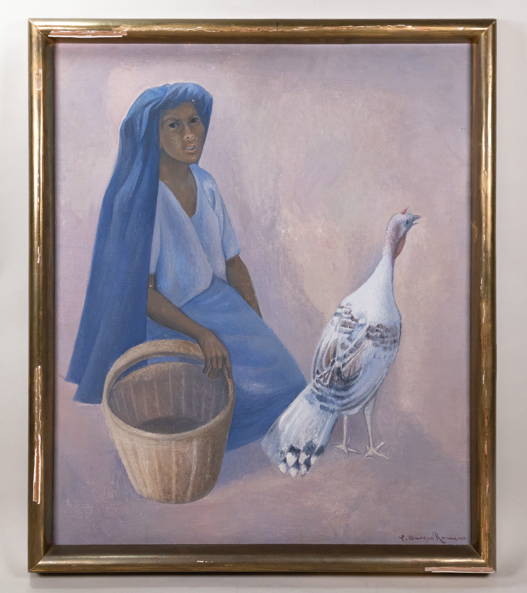 Oil painting of a woman wearing a long blue head covering and blue dress, kneeling with an empty basket, next to a turkey facing backwards.