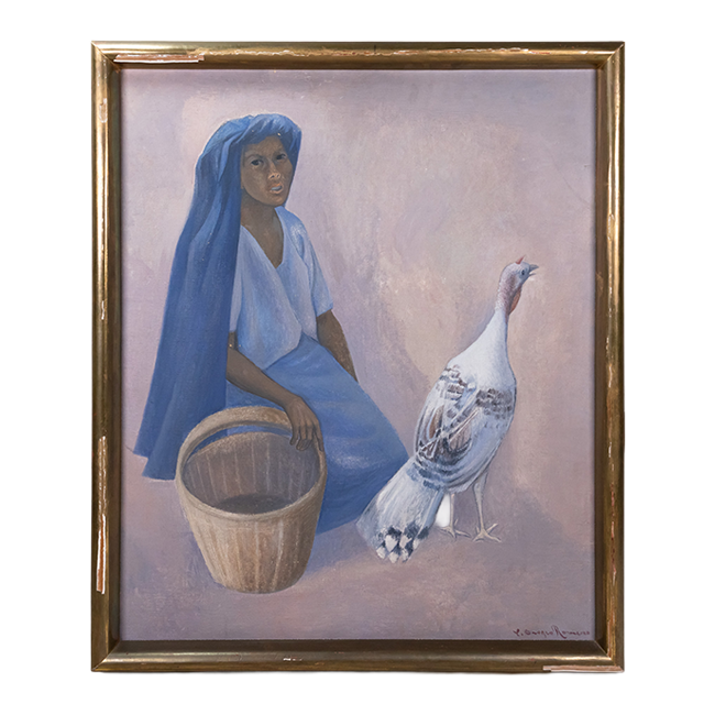 Oil painting of a woman wearing a long blue head covering and blue dress, kneeling with an empty basket, next to a turkey facing backwards.
