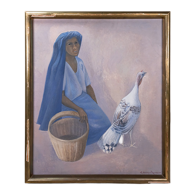 Oil painting of a woman wearing a long blue head covering and blue dress, kneeling with an empty basket, next to a turkey facing backwards.