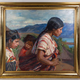 Framed oil painting of an indigenous mother carrying her youngest child on a sling from her back, and her eldest daughter walking alongside them, with mountains and a body of water in the background.