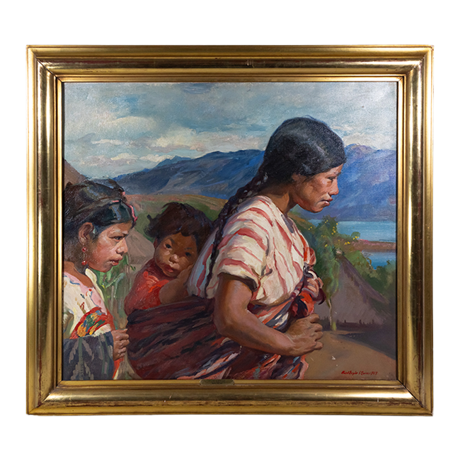 Framed oil painting of an indigenous mother carrying her youngest child on a sling from her back, and her eldest daughter walking alongside them, with mountains and a body of water in the background.
