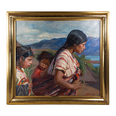 Framed oil painting of an indigenous mother carrying her youngest child on a sling from her back, and her eldest daughter walking alongside them, with mountains and a body of water in the background.
