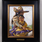 Framed oil painting of a mother dressed in a traditional equestrian outfit with her cowboy hat, on a horse with her daughter who's wearing a yellow and purple dress.