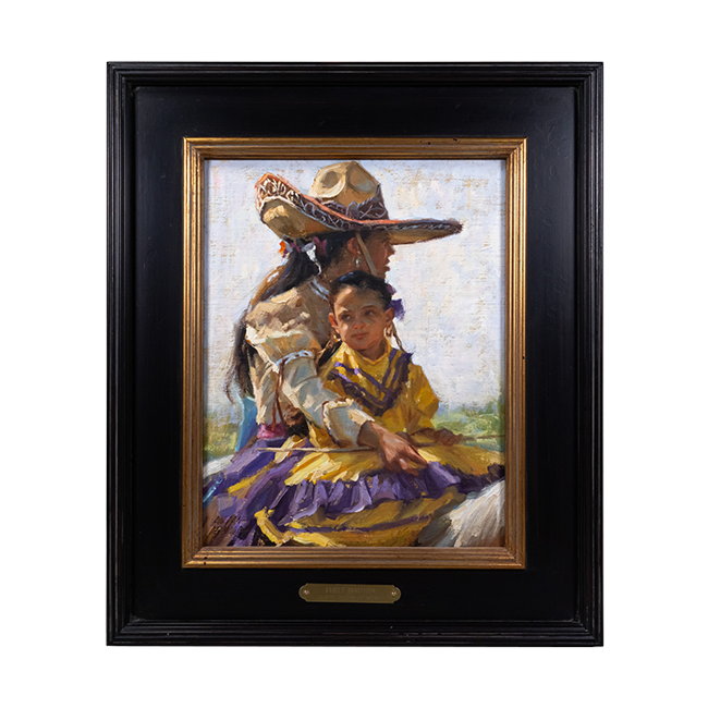 Framed oil painting of a mother dressed in a traditional equestrian outfit with her cowboy hat, on a horse with her daughter who's wearing a yellow and purple dress.