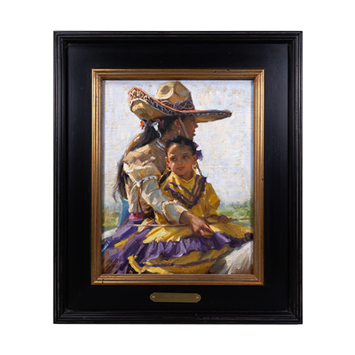 Framed oil painting of a mother dressed in a traditional equestrian outfit with her cowboy hat, on a horse with her daughter who's wearing a yellow and purple dress.